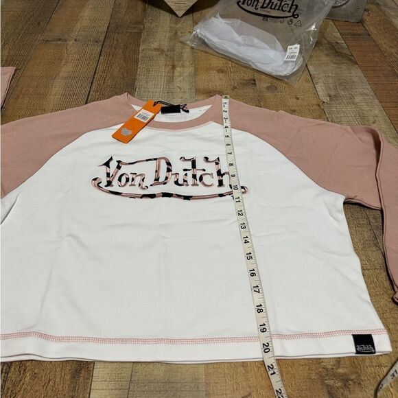 Von Dutch Raglan Embroidered Cropped Sweat Top Sz Large Dirty Pink NWT - Picture 8 of 11